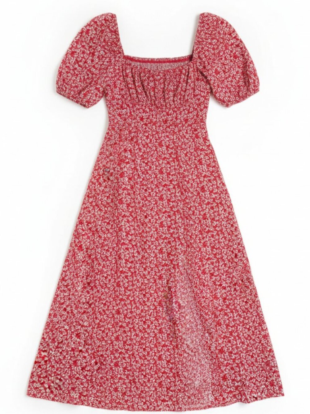 Red & White Ditsy Floral Smocked Midi Dress